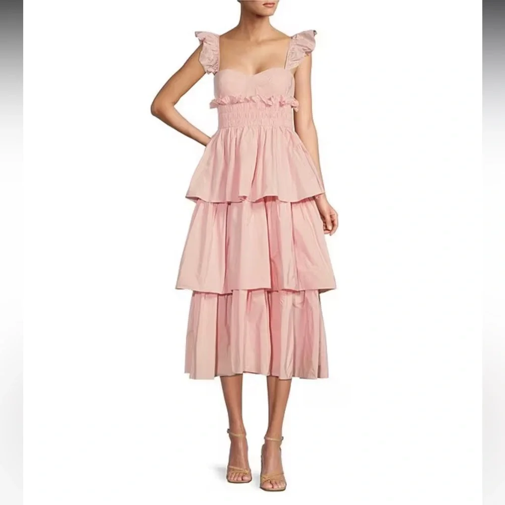 NWT ANTONIO MELANI Leila Sweetheart Neck Taffeta Smocked Tiered Midi Dress - Picture 4 of 9